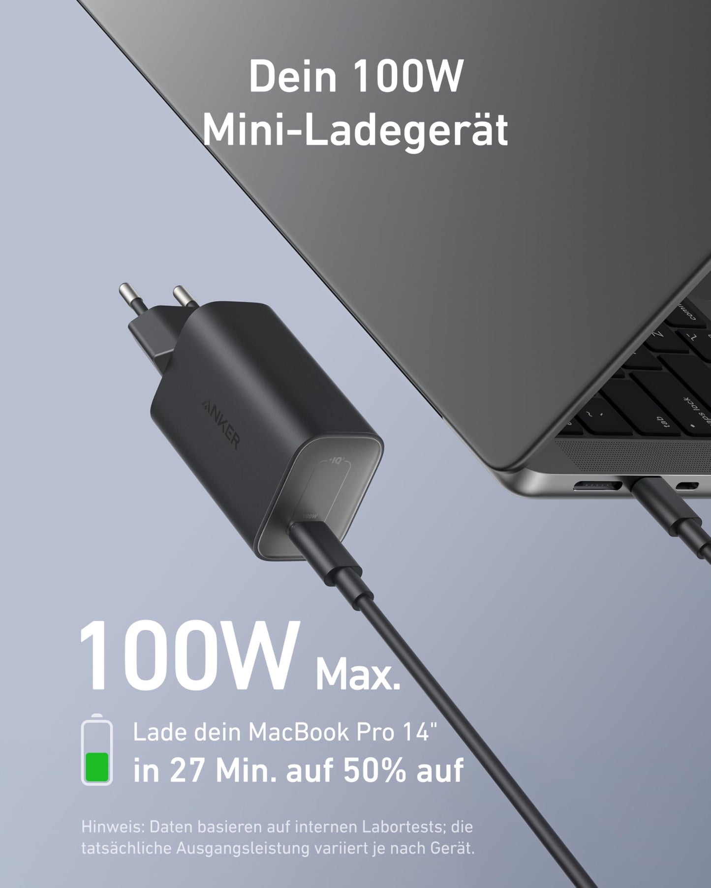 Anchor Nano Charger, 100W MacBook Charger, Power Adapter for MacBook, iPad, iPhone 16, Galaxy, and all USB-C devices, 1.8m USB-C cable included.
