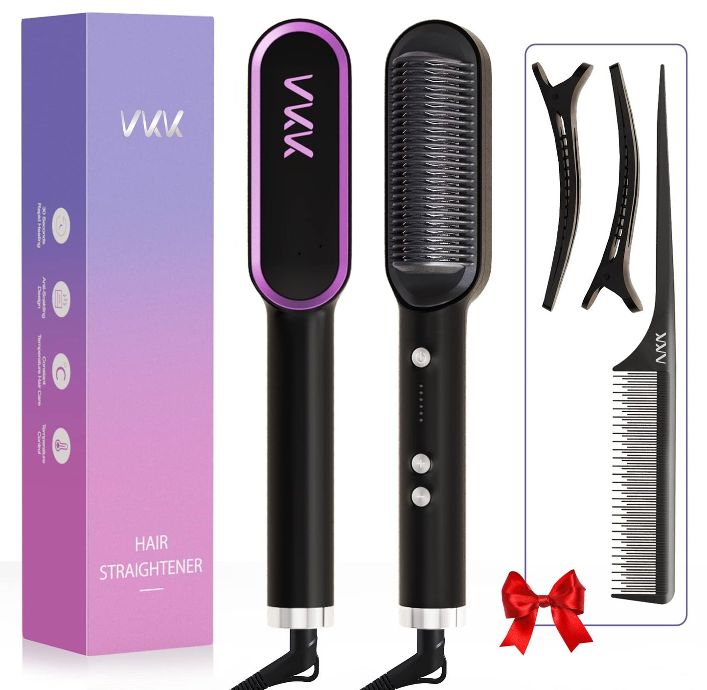 Hair straightening brush, VKK straightening brush with 25s fast heating, 5 temp settings & scald protection, smoothing brush with iron and built-in comb, professional hair tool for styling...