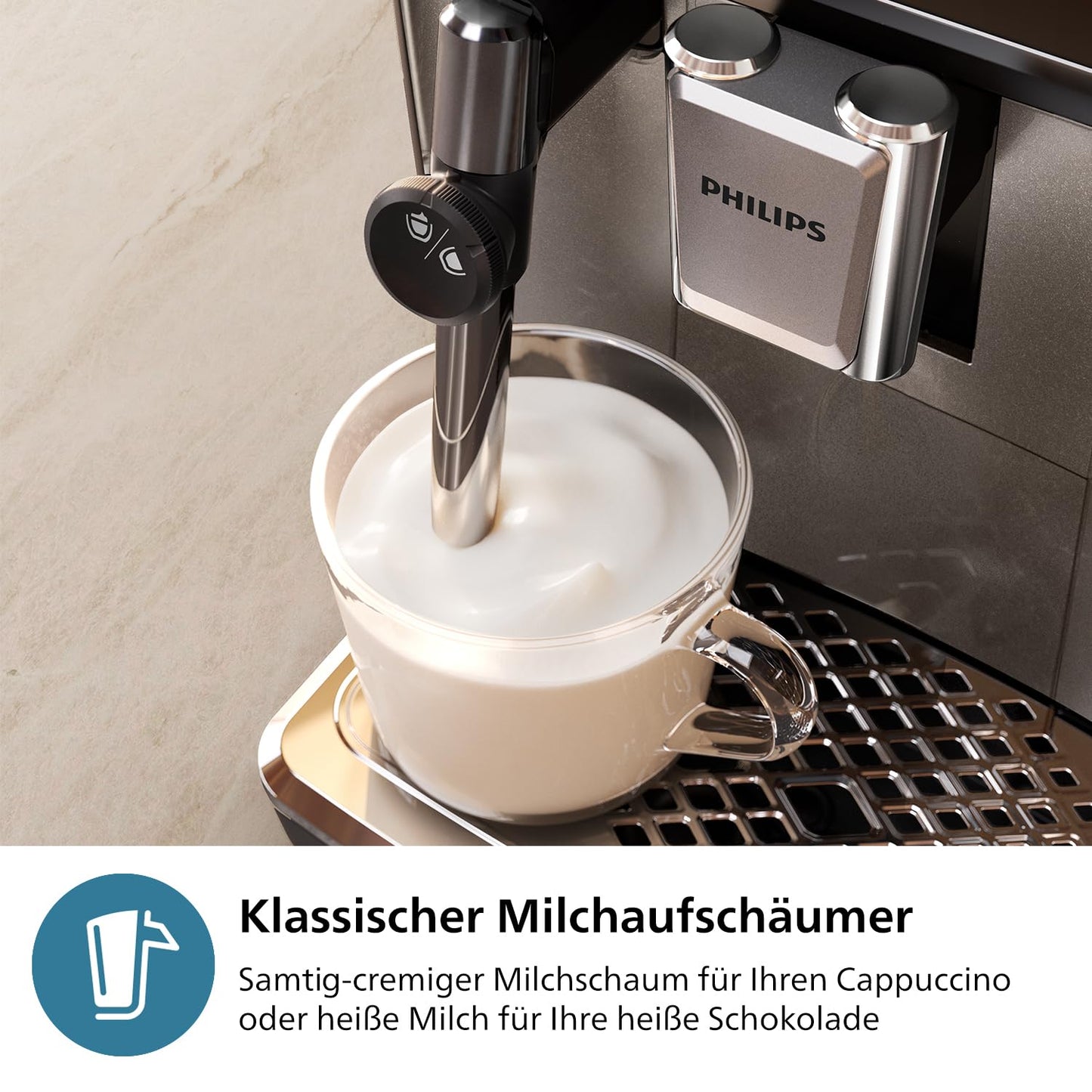 Philips 3300 Series Coffee Machine - 5 drinks, Intuitive touch display, Classic milk frother, SilentBrew, 100% ceramic grinder, AquaClean filter. Black chrome (EP3326/90)