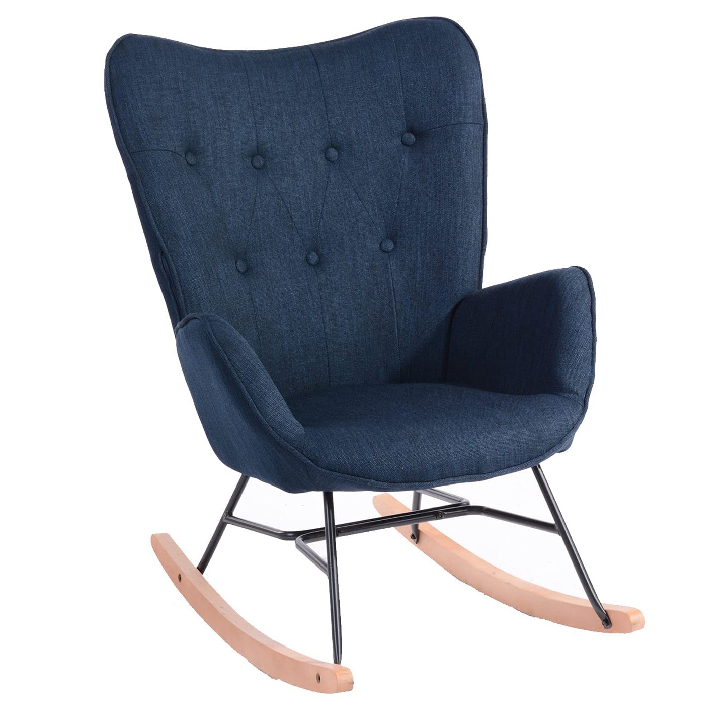 Cosy armchair rocking chair with armrests and padded seat for living room, bedroom, balcony. Supports up to 120 kg. Dark blue fabric and wooden rockers.