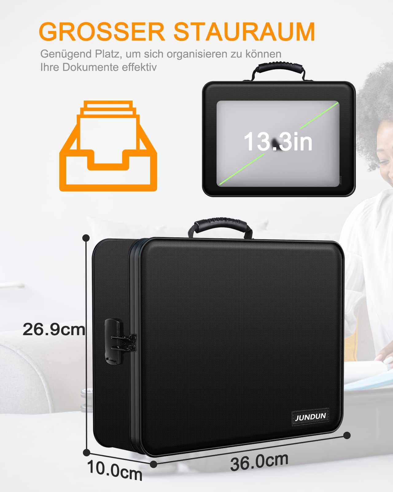 JUNDUN Document Box, fireproof document bag with lock, document storage box with 7 compartments, folder, portable briefcase for important documents, files (black)