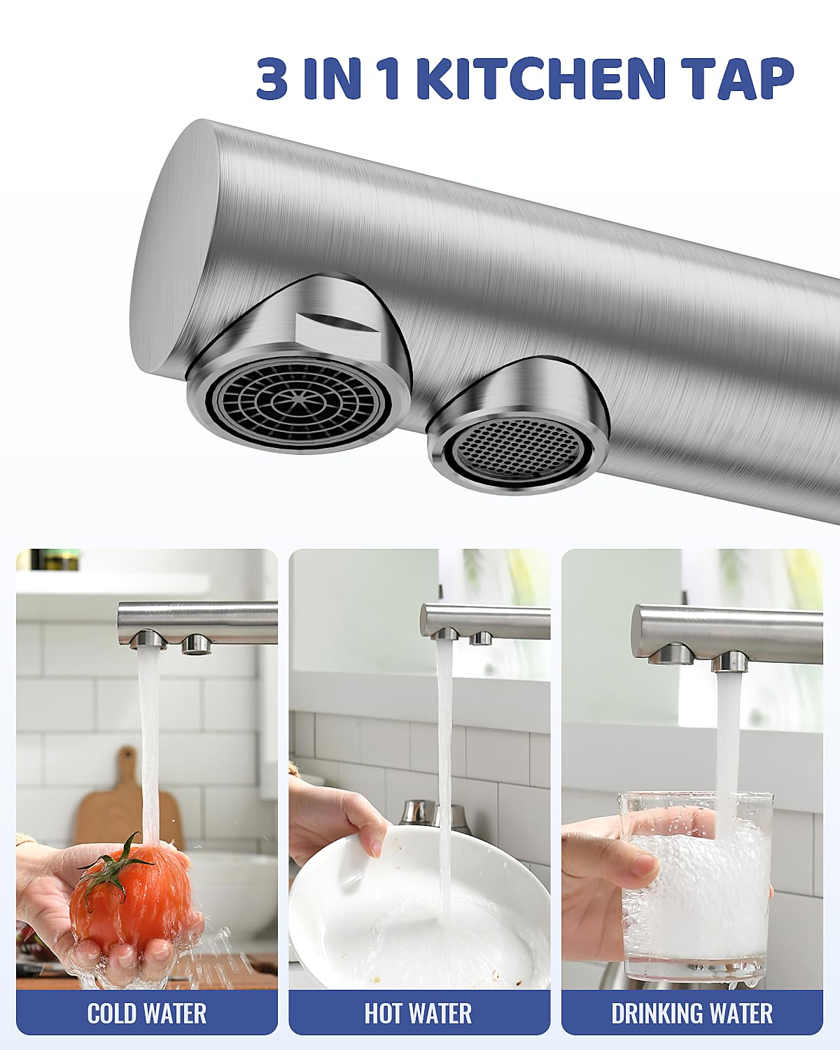 APPASO 3 Way Water Faucet, Kitchen Faucet 3 Way, 3 in 1 Kitchen Mixer Tap for Water Filter, Three Way Tap, Drinking Water Faucet with 2 handles, Stainless Steel Brushed Kitchen Sink Faucet.