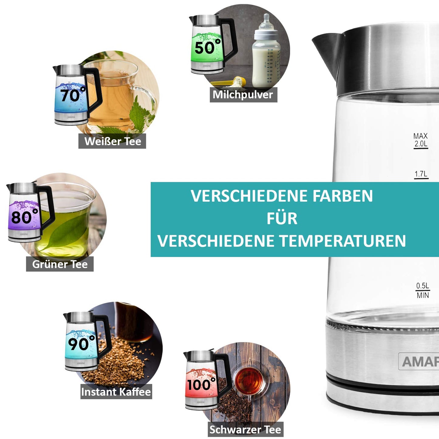 AMARA Glass Electric Kettle with Temperature Control 2200 Watts 2L especially quiet Temperature range 50-100°C With EASY-FILL filling system LED color change indicates temperature.
