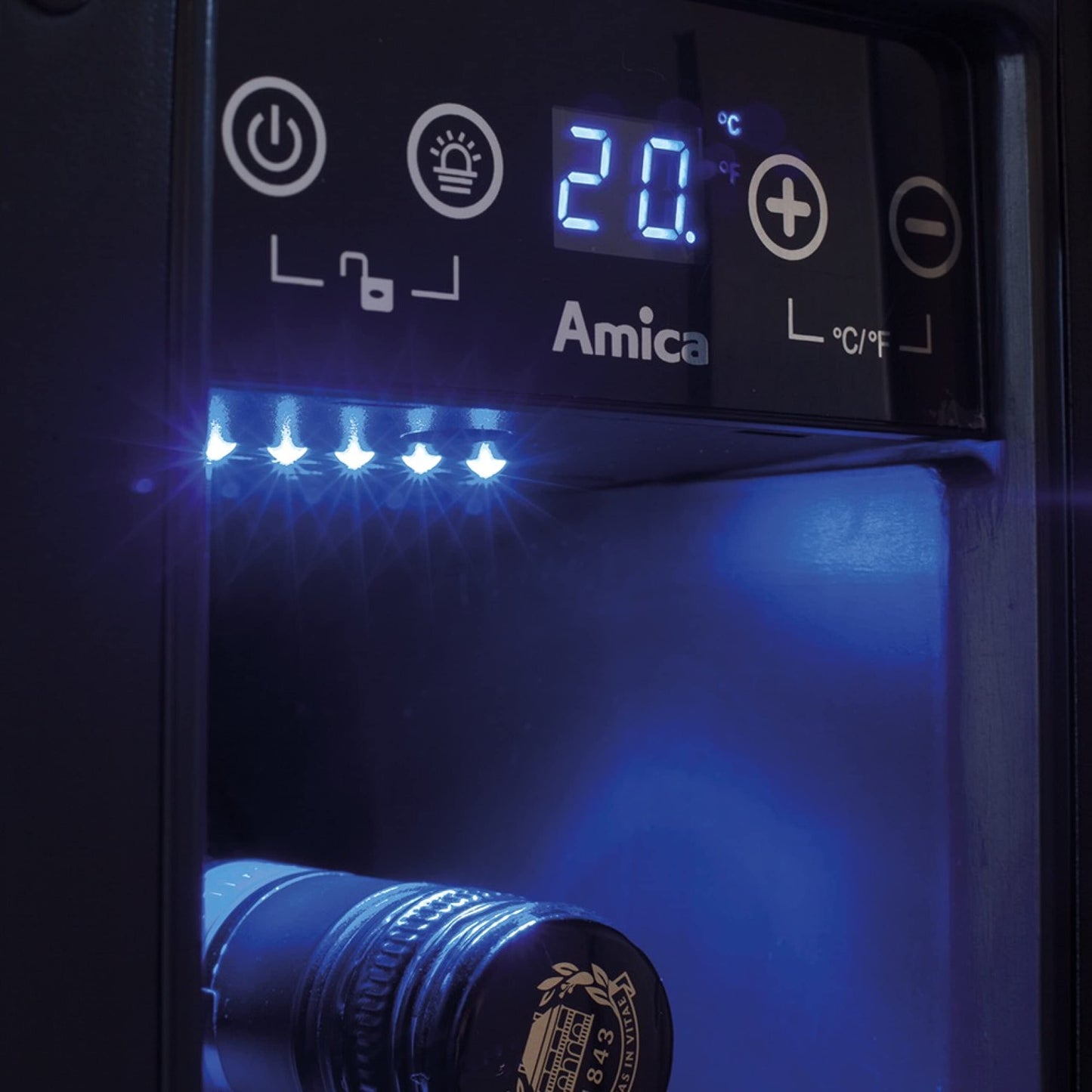 Amica WK 341 101 E Wine Cooler/Stainless Steel Look/82.5 cm (H) x 14.8 cm (W) x 52.5 cm (D)/18 l Capacity/Electronic Control/Fan/LED Lighting