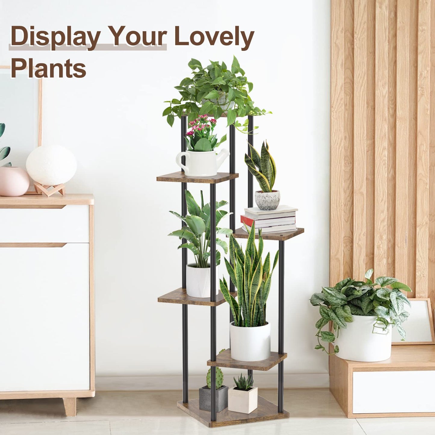 LyTaispuly 6 tier Plant Stand Flower Stand Outdoor, 115cm Metal Wood Flower Pot Stand Flower Ladder Flower Rack, Plant Stand for Outdoor Balcony Garden Living Room, Black