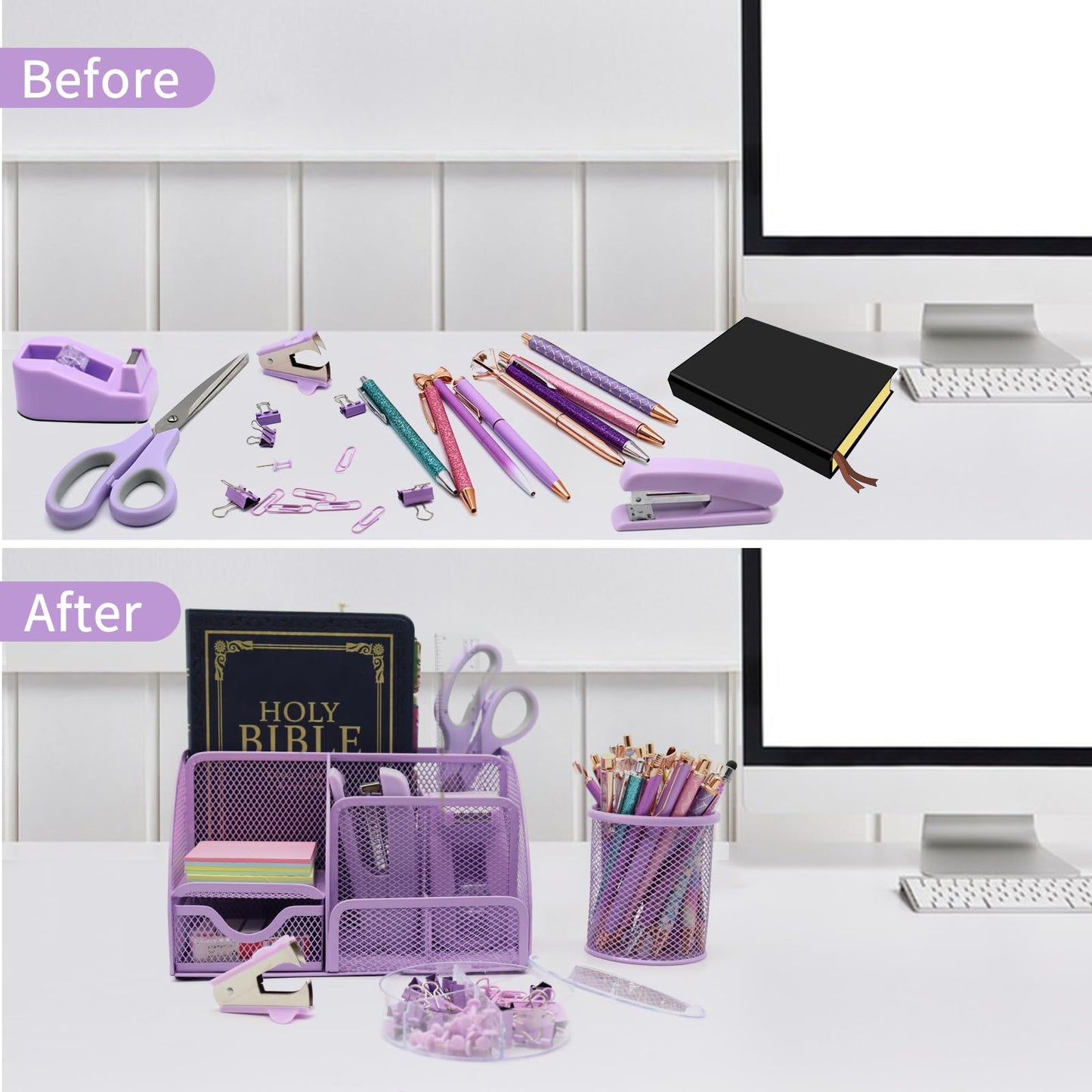 12-in-1 Purple Office Supplies, purple desk organizer and accessory set, purple office supplies purple stapler pen holder tape dispenser, staples, staple remover for school, gifts for colleagues, wife