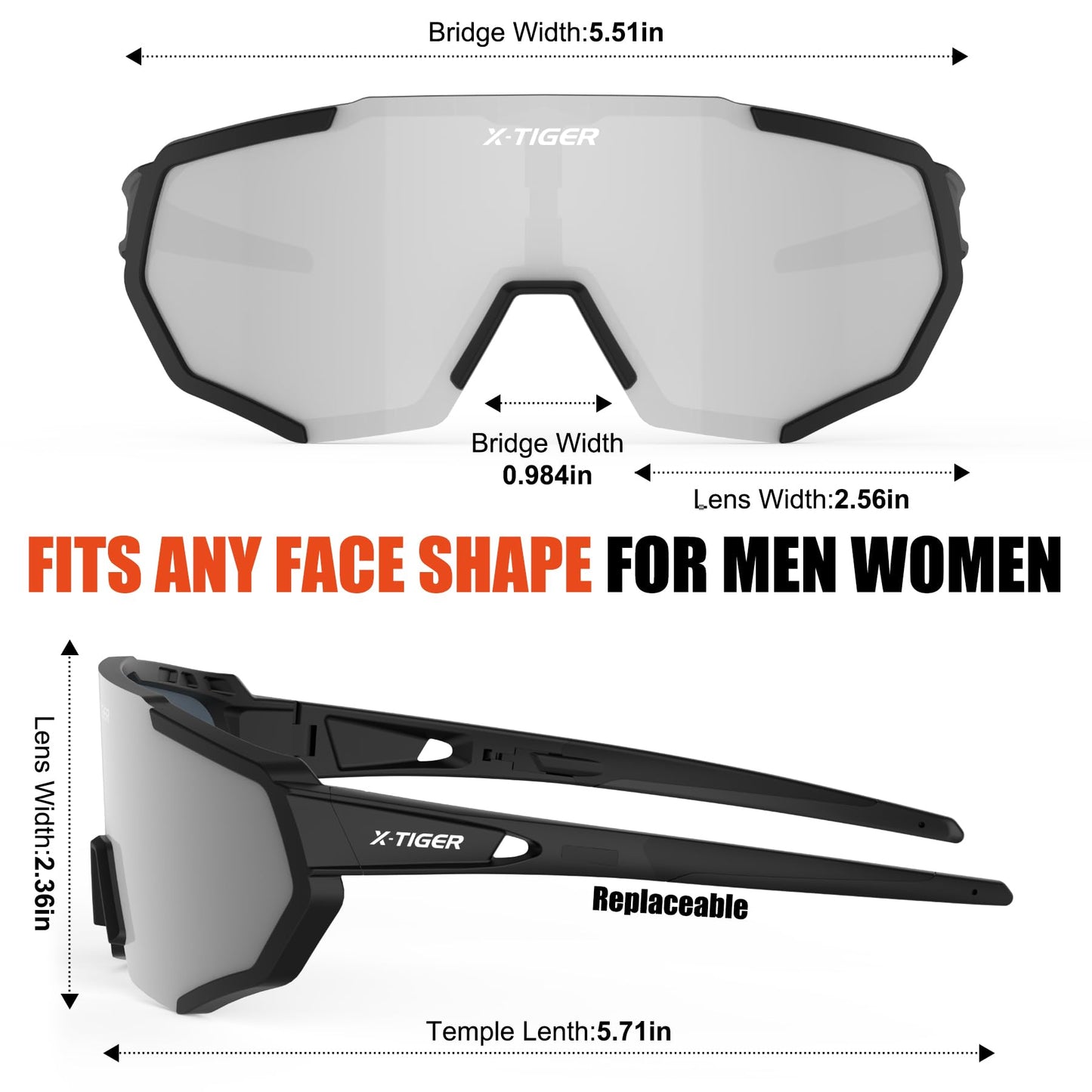 X-TIGER Cycling Glasses, Men Women Sports Sunglasses, UV400 with 5 Interchangeable Lenses, Durable TR90 Frame, with Adjustable Glasses Strap & Ear Hooks, Outdoor Sports/Cycling/Running/Driving/Fishing/Golf