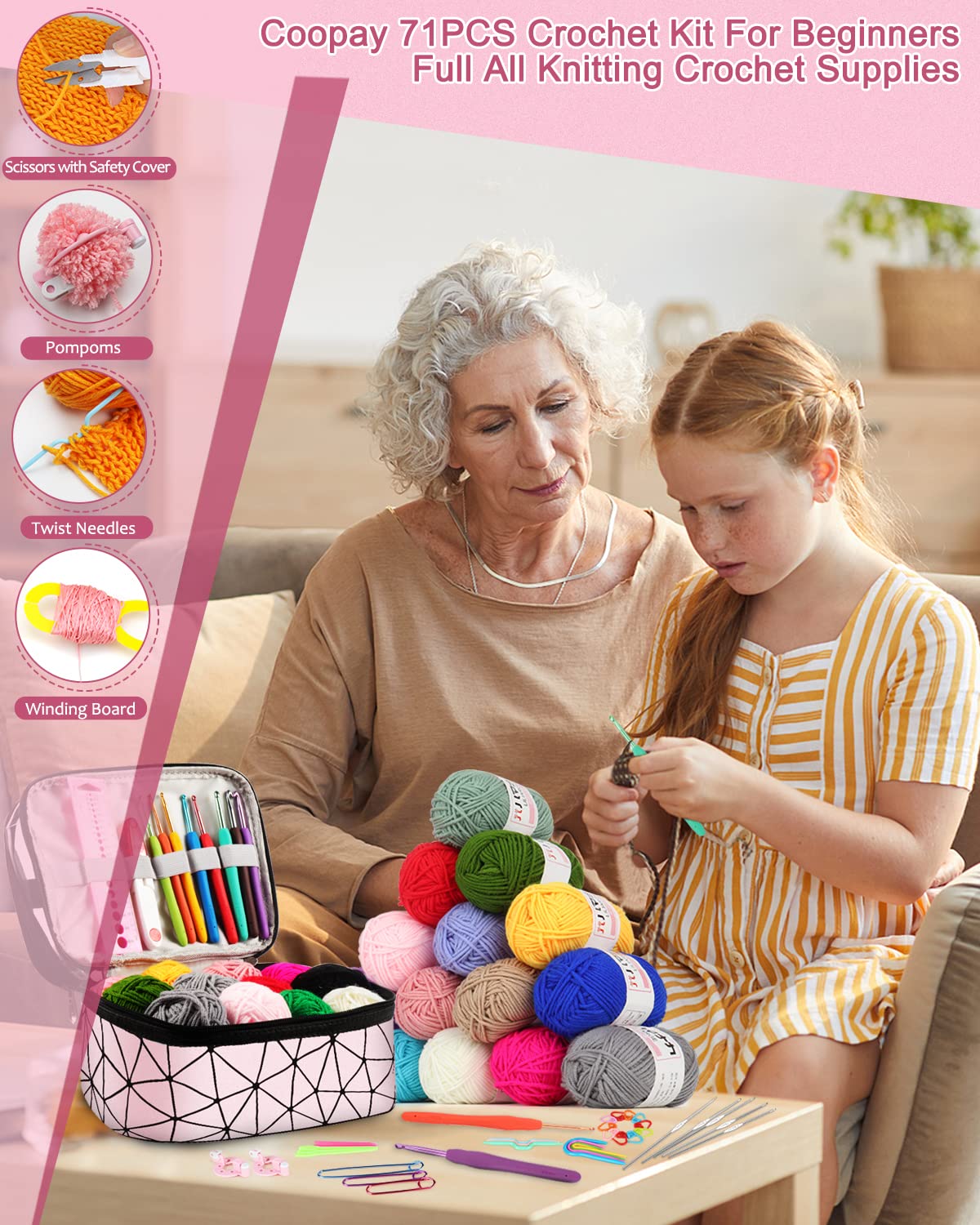 Coopay Crochet Kit for Beginners, 71 Piece Crochet Hook Set with Bag and Yarn, Premium Crochet Set with Knitting Accessories and Yarn, 0.6-6.0 mm Crochet Hooks Set, Complete Beginner Crochet Hook Sets Gifts, Pink