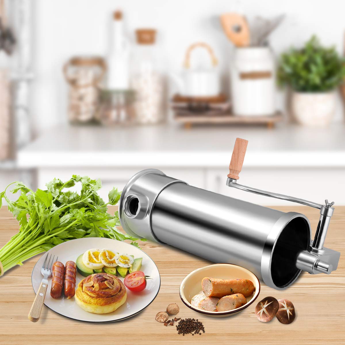 COSTWAY 1.5kg/2.5kg/3kg/5kg Manual Sausage Stuffer, Stainless Steel Sausage Maker, Silver Sausage Filling Machine with Table Clamp, Sausage Injector including Filling Tubes (5KG - 6 Filling Tubes)