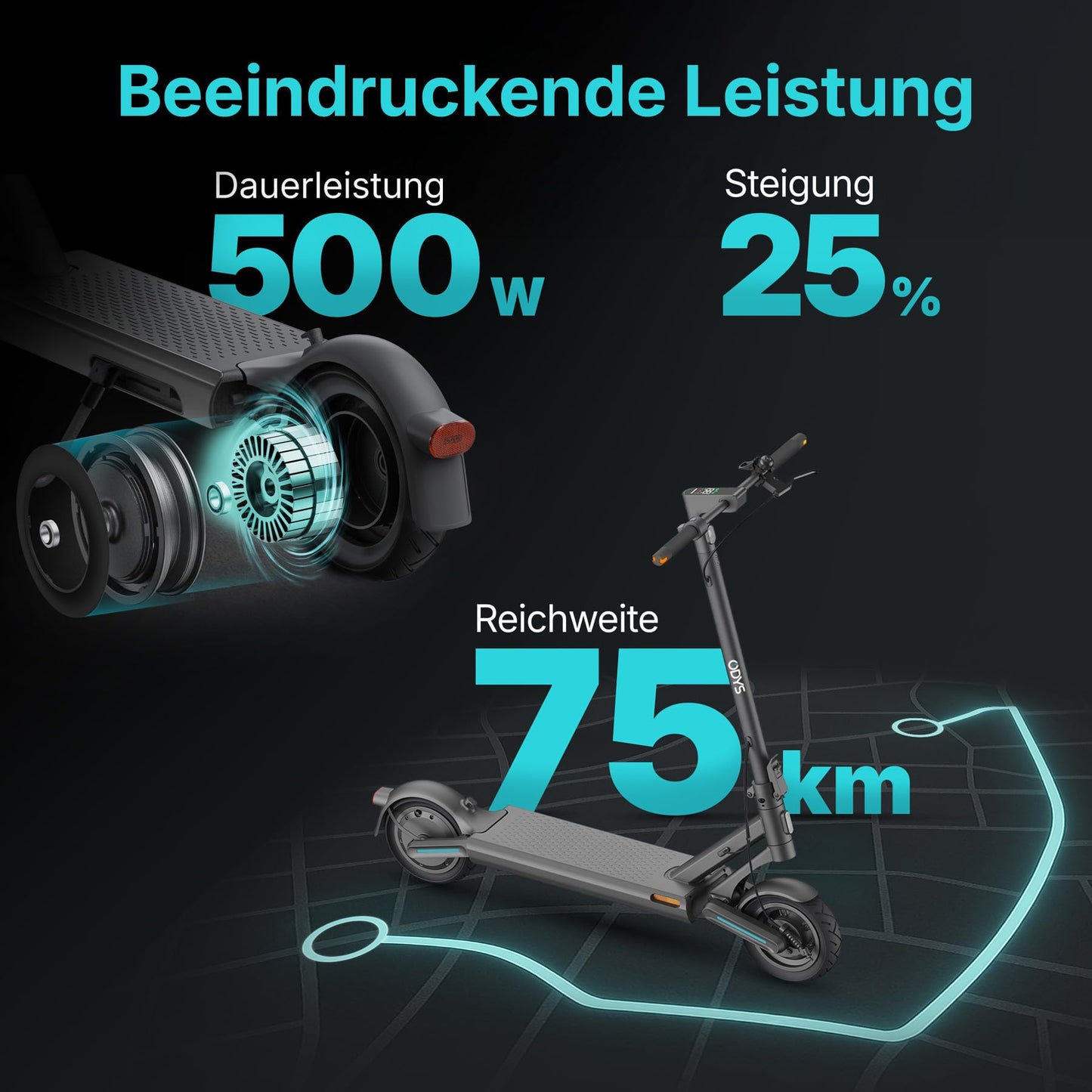 Odys Ultron i75 E-Scooter with German road approval & dual full suspension (max. 20km/h, up to 75km range, up to 25% incline, 10" air tires, max. 120kg weight capacity, display & app, foldable)