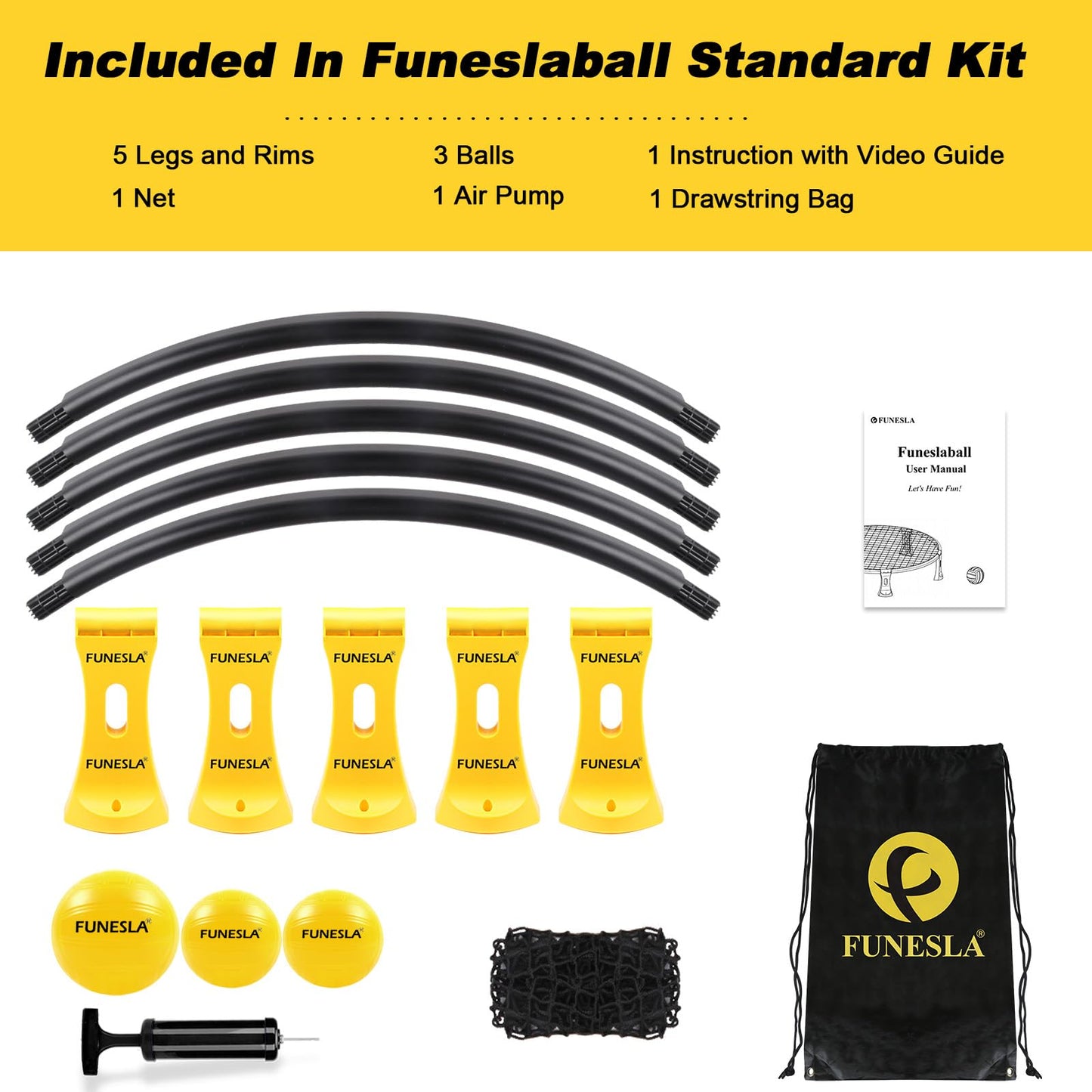 Funeslaball Outdoor Game Set, Roundnet Game Set, Outdoor Team Ball Game consisting of game net, 3 balls, drawstring, ball pump, and manual