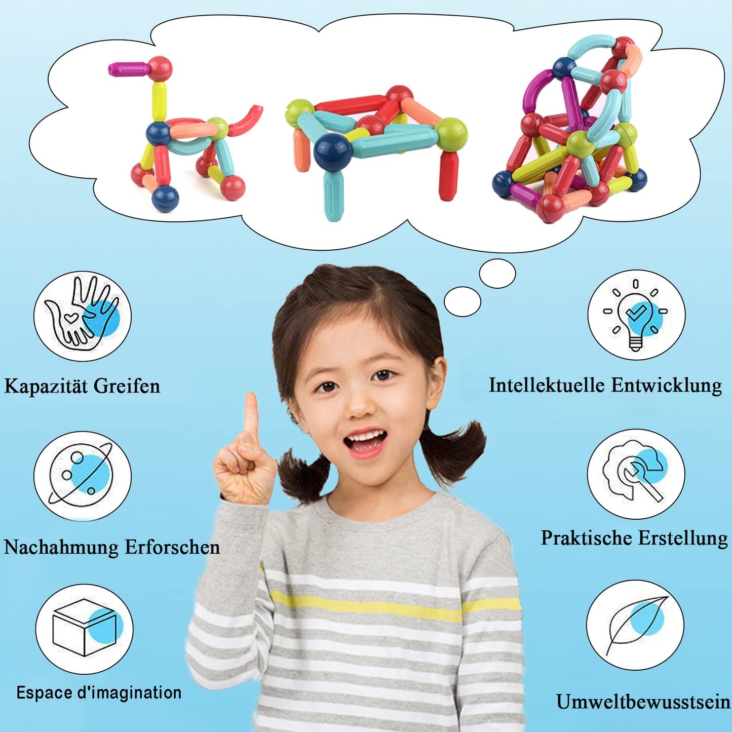 100 pieces of magnetic building blocks for children ages 2, 3, 4, 5, 6, 7. Educational magnet toy for kids, Montessori learning game with balls and rods. Perfect gift for girls and boys.