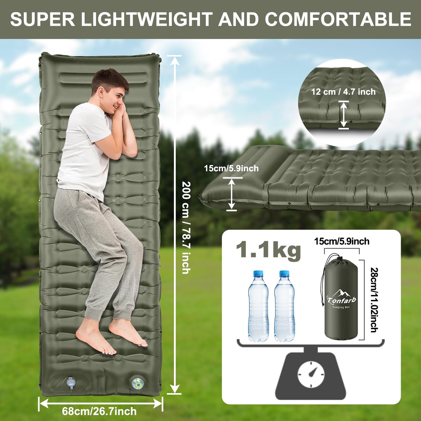 Electric Self-Inflating Camping Mat, 12CM Thick Inflatable Mattress with Pillow, Compact Size Waterproof Air Mattress for Outdoor, Anti-Ripstop Sleeping Pad for Hiking and Beach