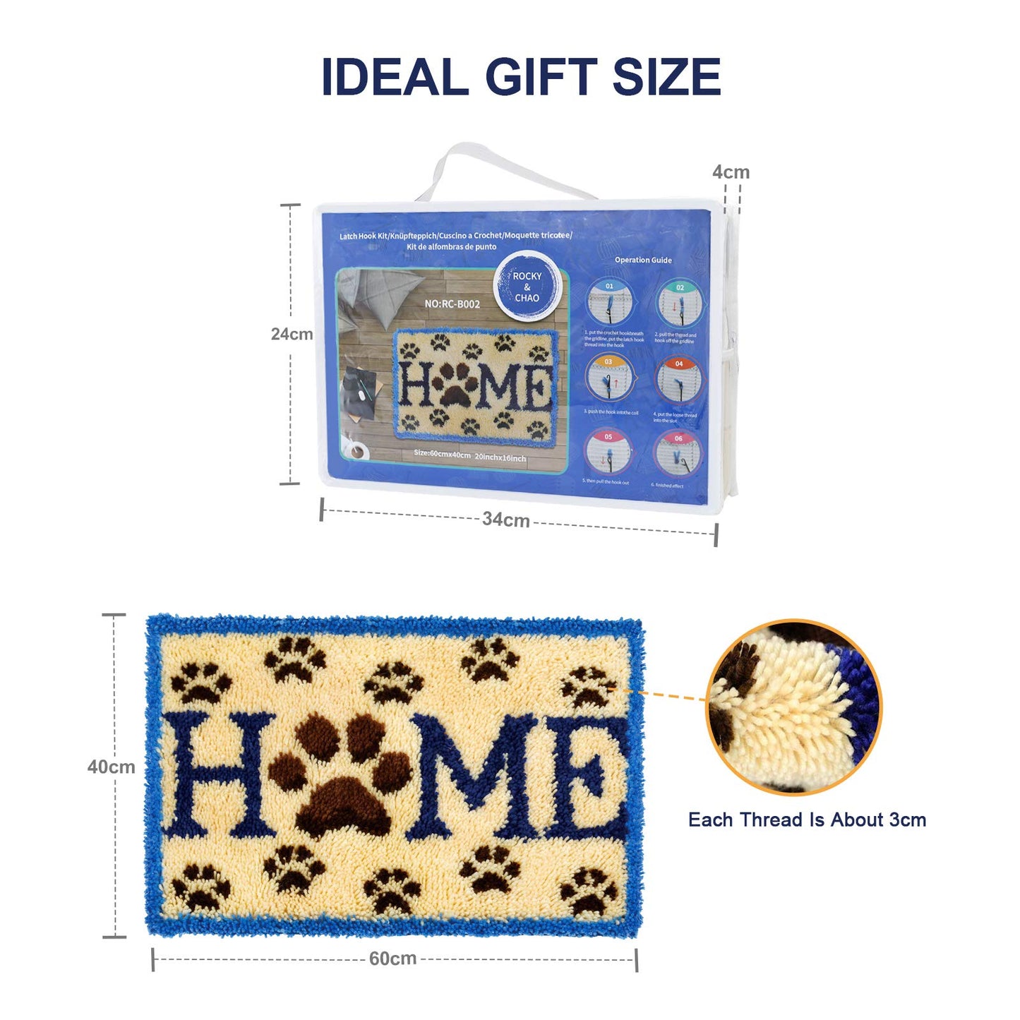 ROCKY&CHAO latch hook rug DIY kit for kids and adults (Home) 60*40cm.