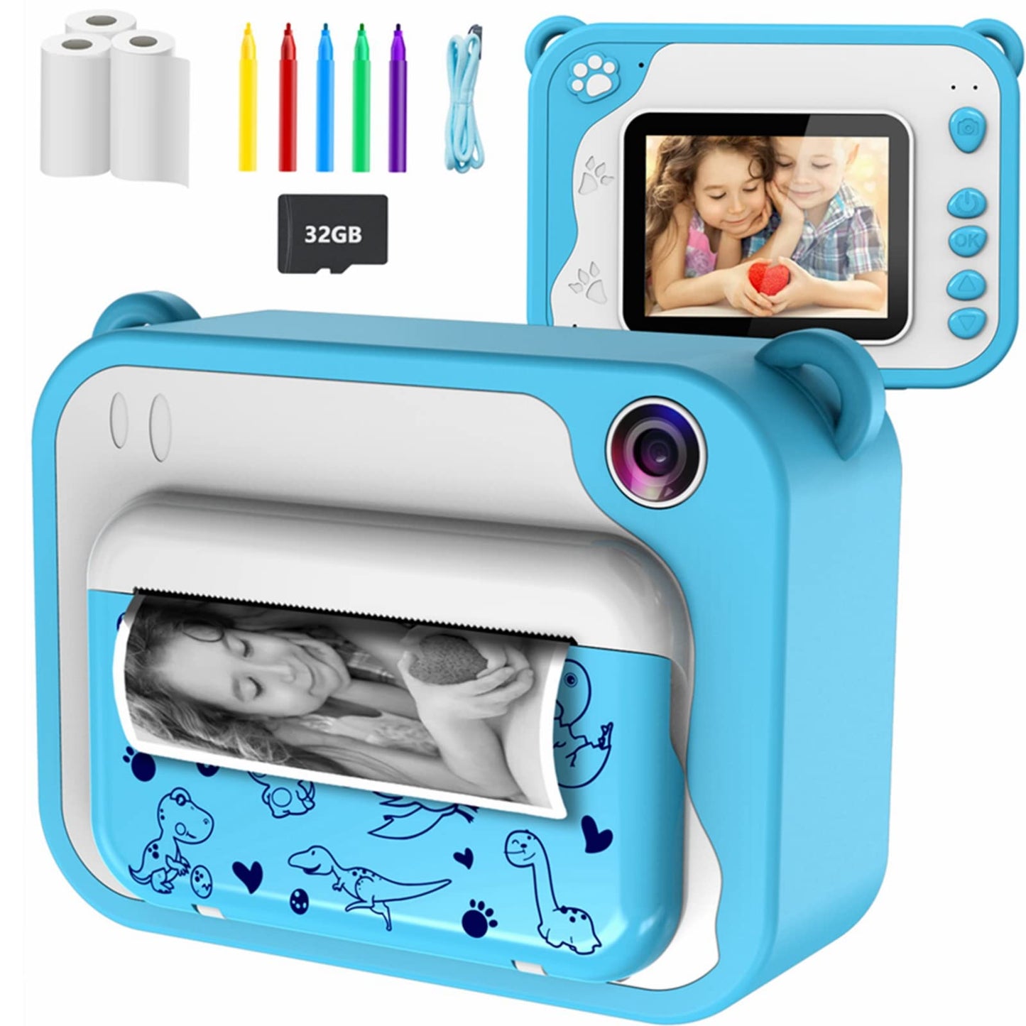 Kids Camera- Digital Camera Instant Print Camera 1080P 2.4 Inch Screen Video Camera Black and White Photo Camera with 32GB Card, 3 rolls printing paper, 5 color brush pens Gift for Children 3-12 Years