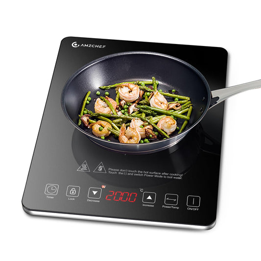 Induction cooktop 1 burner, AMZCHEF induction hot plate with ultra-thin design, 20 temperature levels and 20 power settings, 2000W induction cooktop with 3-hour timer, safety lock.