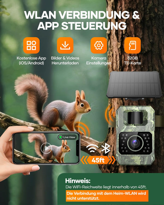 Assark trail camera with phone transmission app, 48MP 30fps WIFI solar trail camera with motion sensor night vision, rechargeable 2000mAh lithium battery, 0.2s trigger, IP66 waterproof.