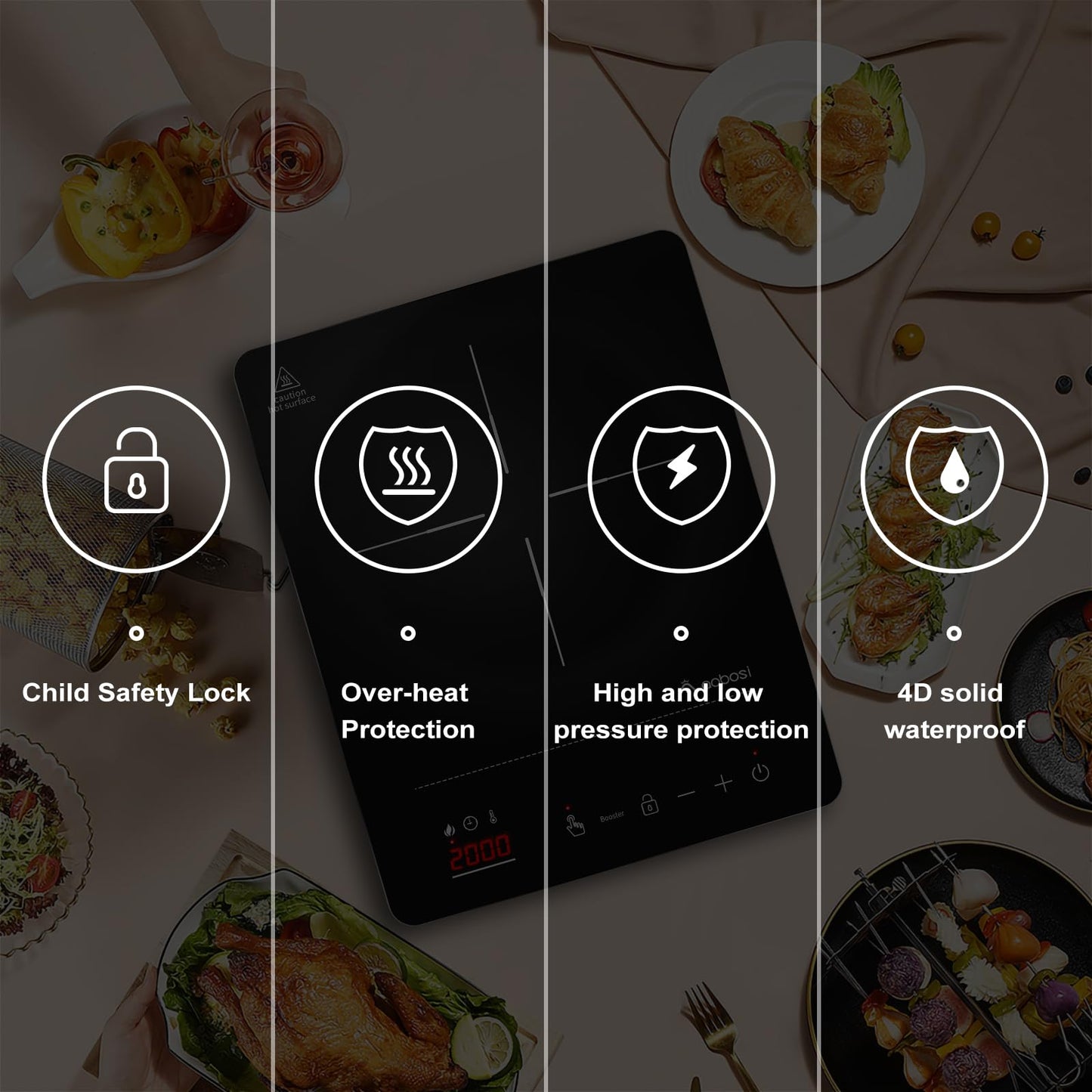 Aobosi Induction Cooktop, Induction Hob 1 Plate, 20 Power Levels and 20 Temperature Levels, 2000W Portable Induction Cooktop, LED Display, 10H Timer, Booster Function, Silver