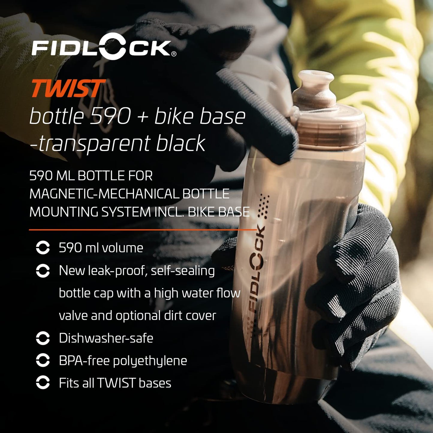 Fidlock TWIST bottle 590 + bike base - 590 ml bike water bottle with magnetic-mechanical bottle holder system, incl. holder, BPA-free & dishwasher safe, color Smoke