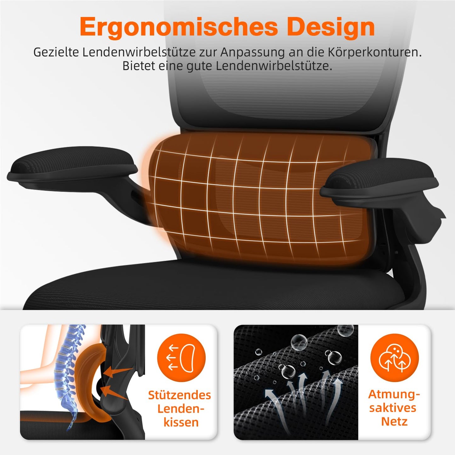 Aiidoits office chair, Ergonomic Office Chair with Adjustable Headrest, Lumbar Support, and Folding Armrests, Executive Chair 150kg, Ergonomic Chair Rocking function up to 135°.