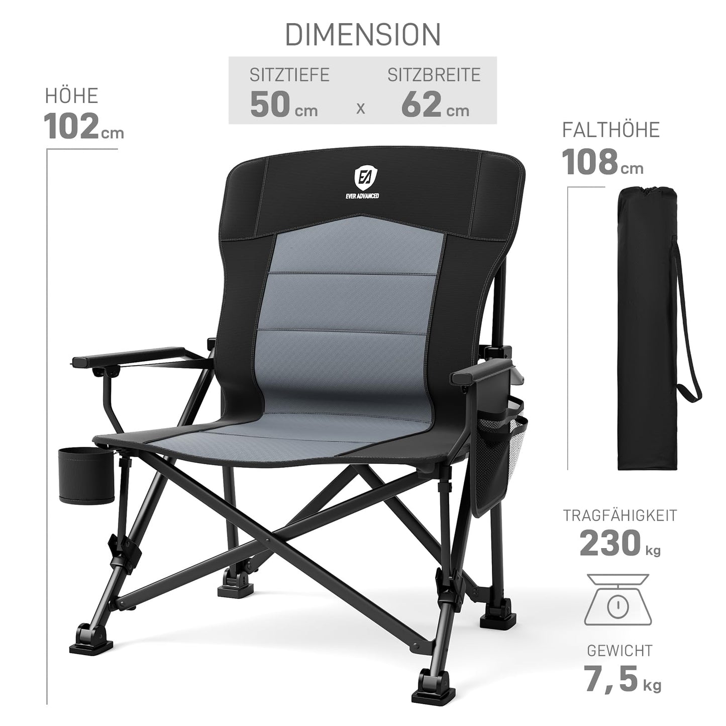 Ever Advanced folding camping chair supports up to 230KG. XL size with lumbar support, 62cm wide seat, side pocket, and drink holder. Great for camping, outdoor activities, balcony, and garden.