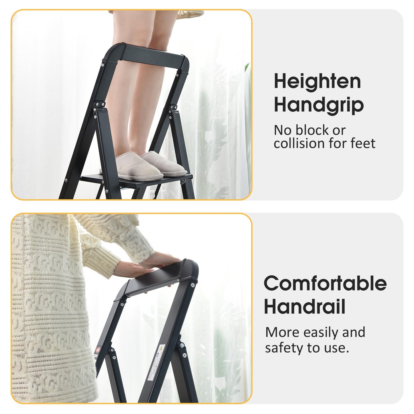 KINGRACK Aluminum Ladder, 3-Step Folding Step Ladder with Handrail, 150kg Capacity, Non-Slip Household Ladder with Locking Mechanism, Aluminum Ladder for Home, Office, Garden, Black.