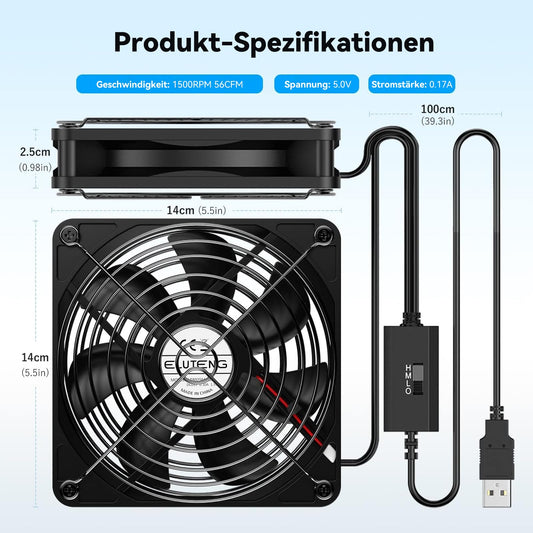 ELUTENG 2 in 1 USB fan 140mm 5V, double USB PC fan USB computer PC fan 140mm housing fan with 3 adjustable speeds for PS4/laptop/TV box/AV cabinet/router