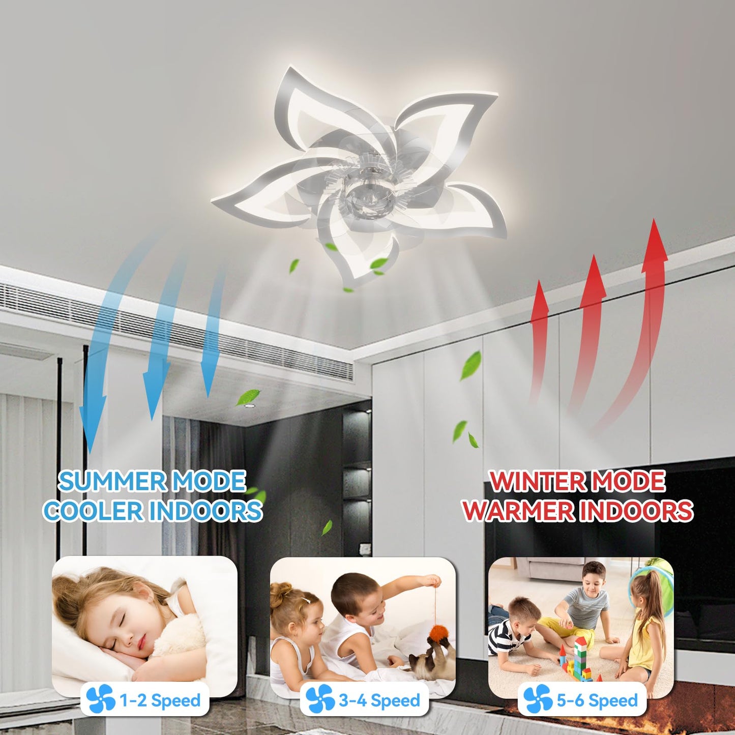 YUNLONG ceiling fan with lighting and remote control. Quiet chrome ceiling lamp with fan. Reversible DC motor, dimmable. Ceiling fan with 6 speeds for summer and winter operation.