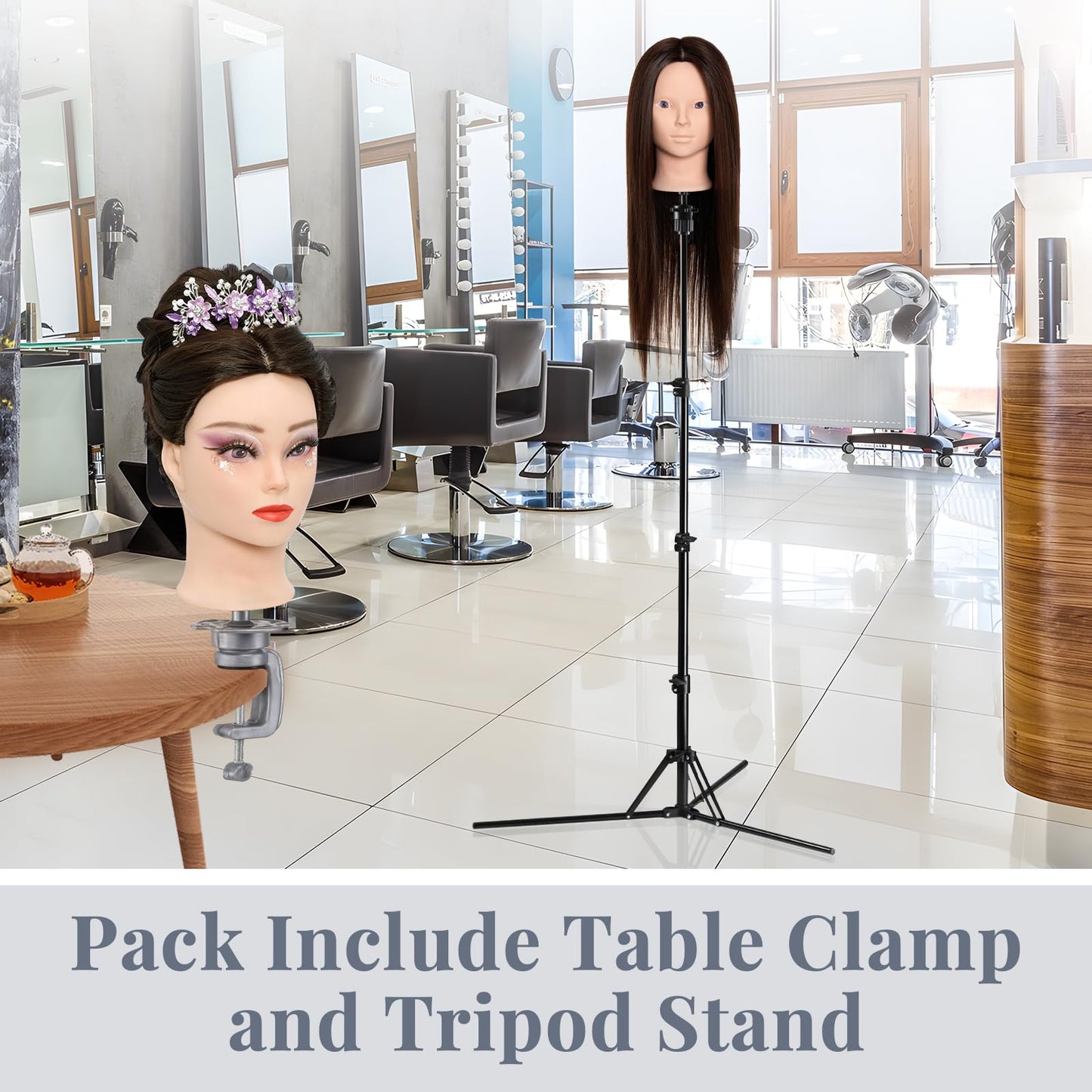 Neverland training head with stand - 71cm, 60% real hair. Perfect for practicing hairstyling and makeup. Comes with table clamp and DIY braid hair set.
