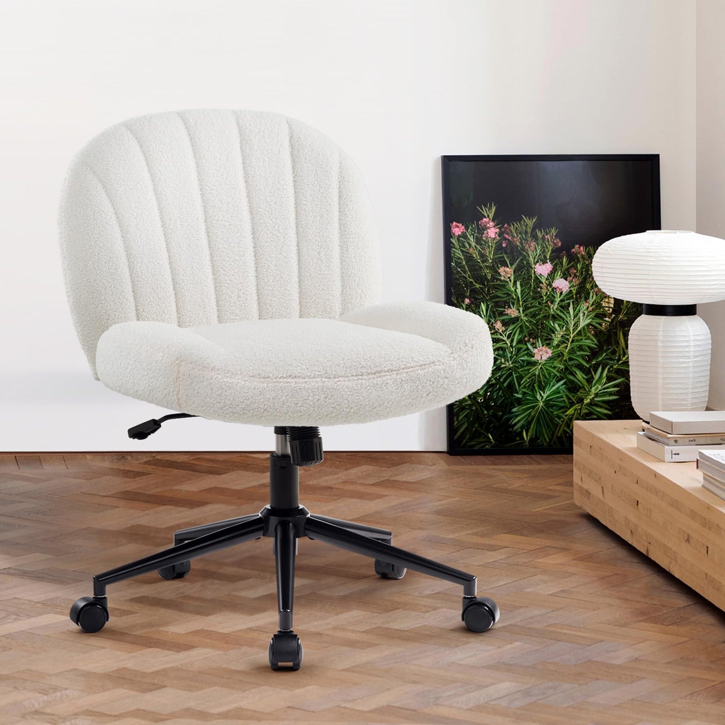 IWMH office chair without armrests, height-adjustable swivel chair with casters, desk chair with fabric upholstery, ergonomic chair, reading chair with wider cushion for cross-legged sitting (White)