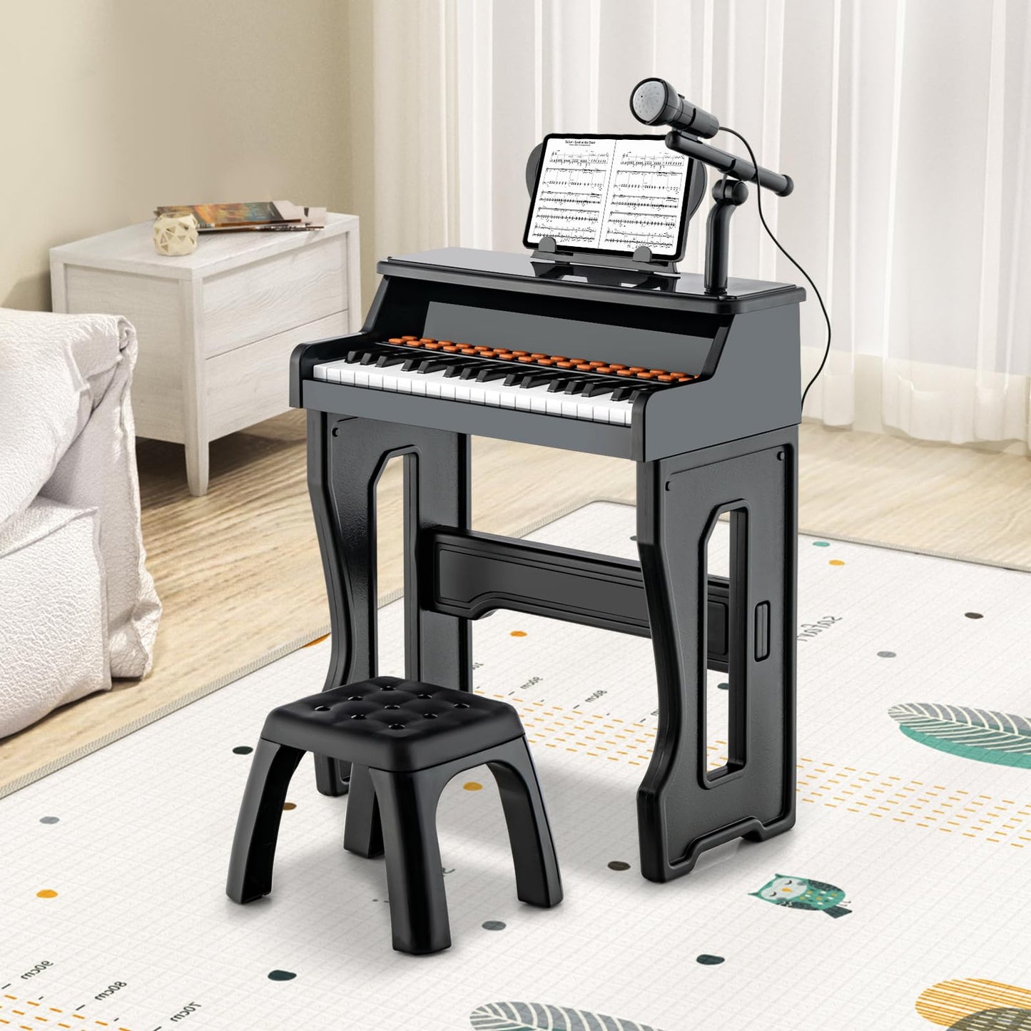 COSTWAY 37-Key Kids Keyboard, electronic child piano with stool, adjustable microphone & music stand, kids piano keyboard for children aged 3 and up (Black)
