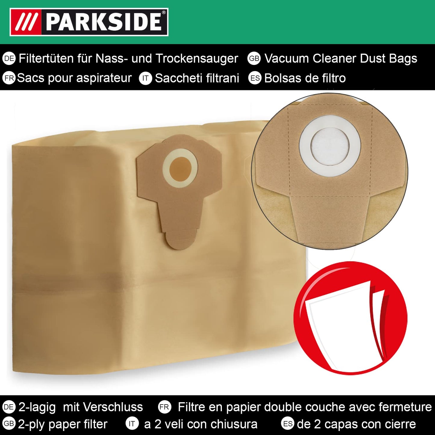 10 original Parkside Lidl dust bags for wet-dry vacuums PWD 25, 30, PNTS 23, 30, 1400, 1500 A1, A2, B1, C1, D1, B2, B3, E2, C4, D5, F2, H4.