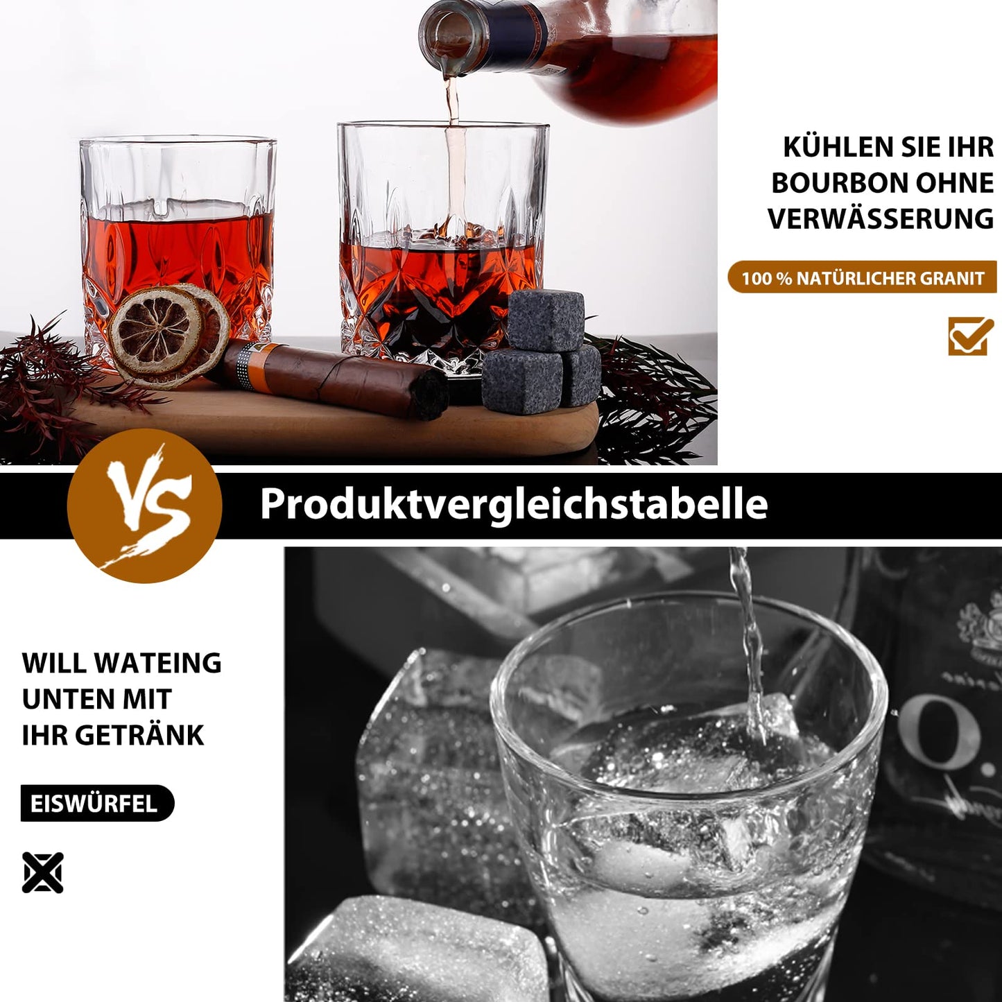 Whiskey glass and stone set gift for men husband dad special gift - 8 whiskey granite cooling stones - 2 glasses 10 oz - 2 coasters - tongs cocktail recipe wooden box Christmas/birthday.