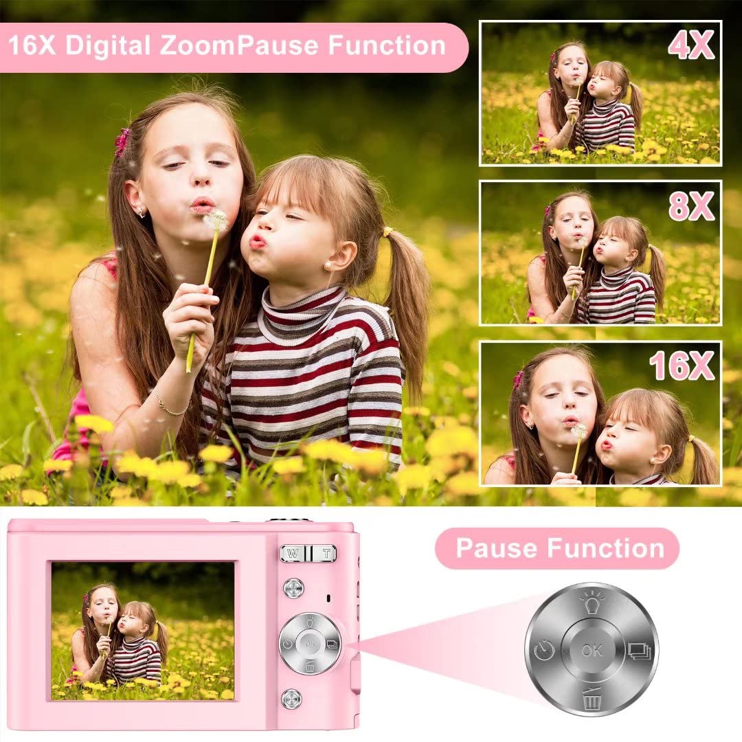 Digital camera 1080P HD compact camera 36 megapixel mini video camera 2.4" LCD digital camera rechargeable photo camera with 16X digital zoom for students/adults/kids/beginners (pink)