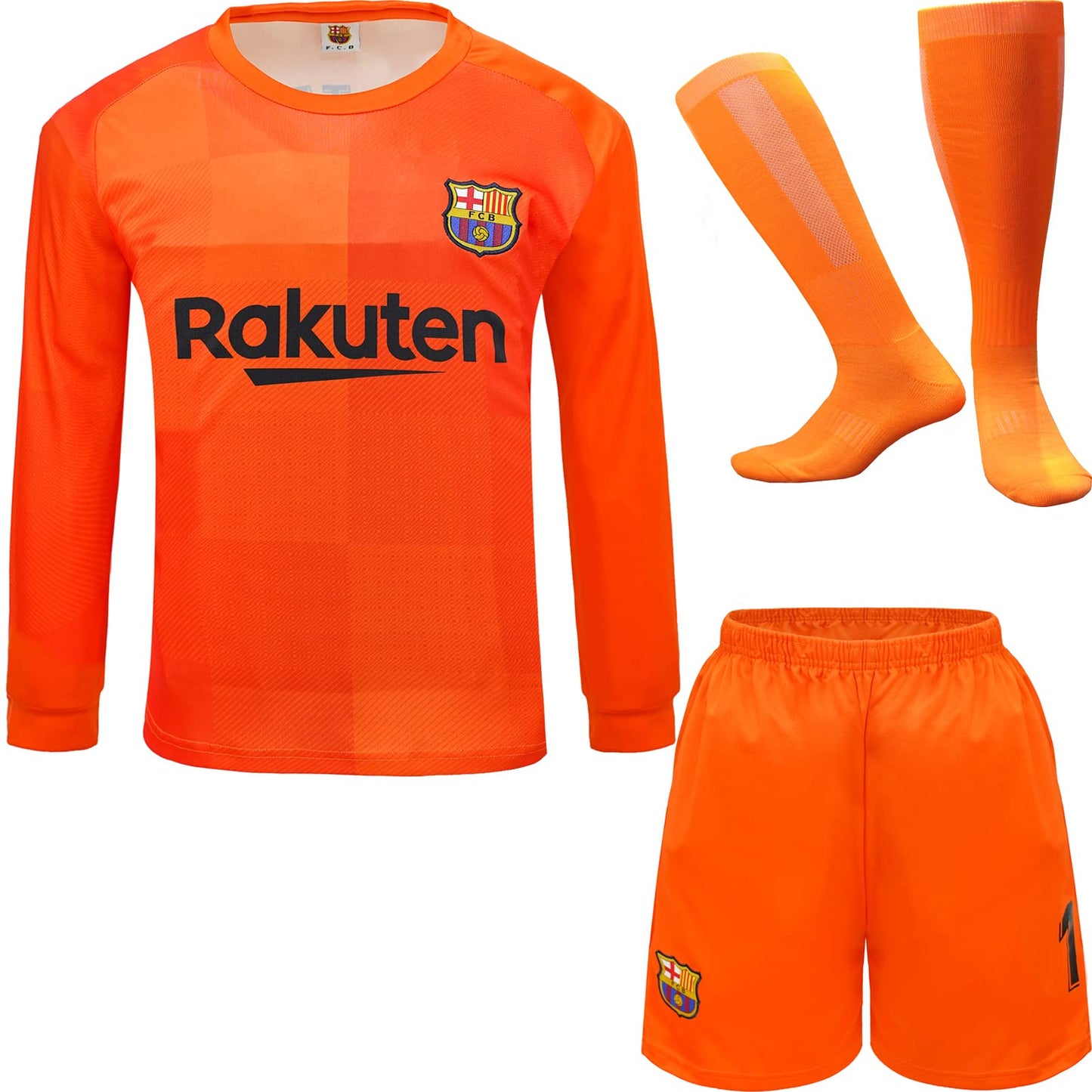 NIHMEX Barcelona TER Stegen Kids Goalkeeper Jersey Soccer #1, New Season, Shorts Socks Goalkeeper Kit (Orange (Long Sleeve), 26)