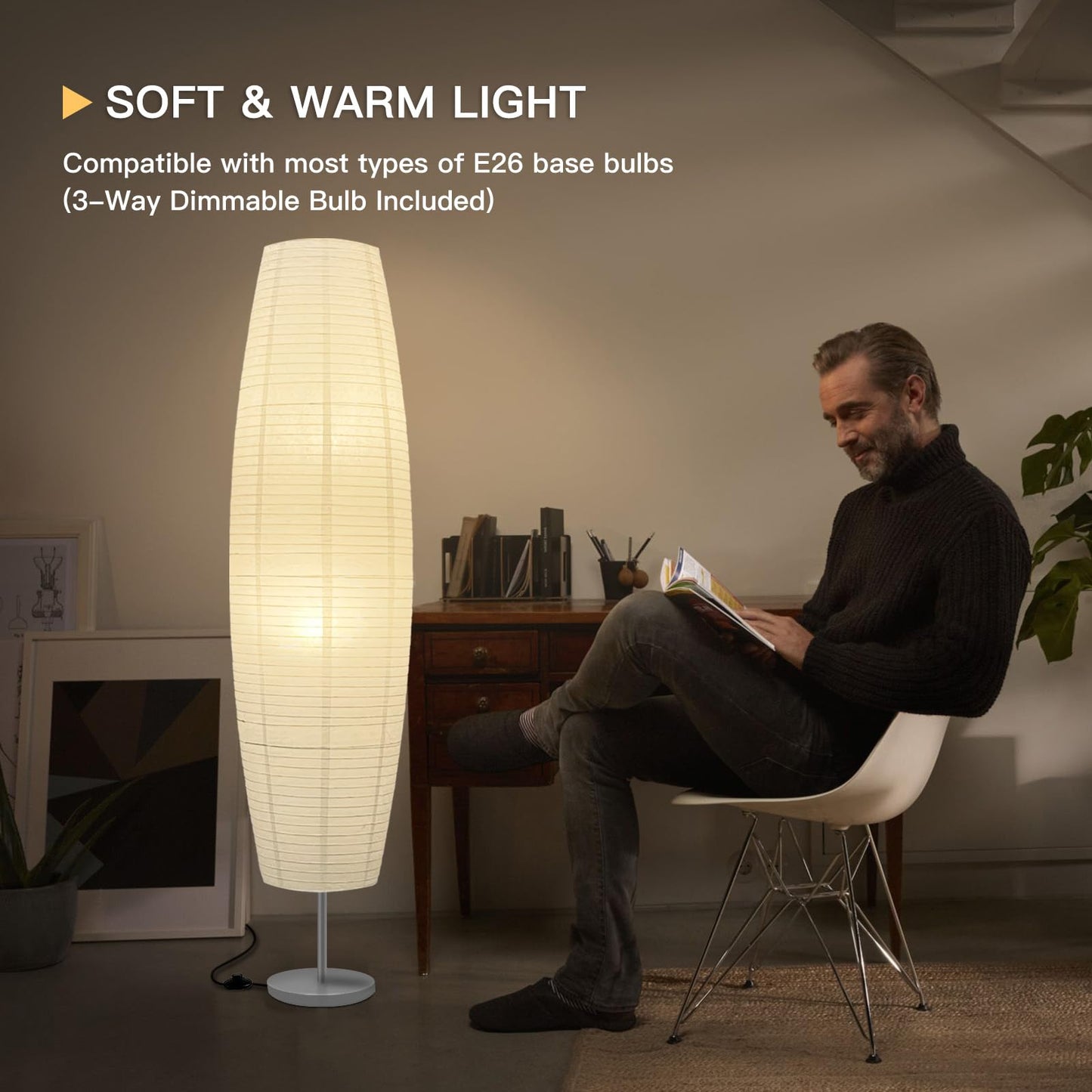 LALISU Floor Lamp Paper Lamp Modern Floor Lamps with Lampshade, Floor Lamp for Living Room with Foot Switch, Bedroom, and Study Room (White-01)