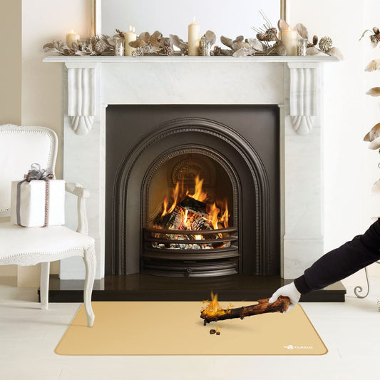 FLASLD Fireproof Carpets for fireplace, grill, and stove, 61 x 106 cm under the grill, protective cover and patio mat, easy to clean and reusable fire pit mat, Khaki.