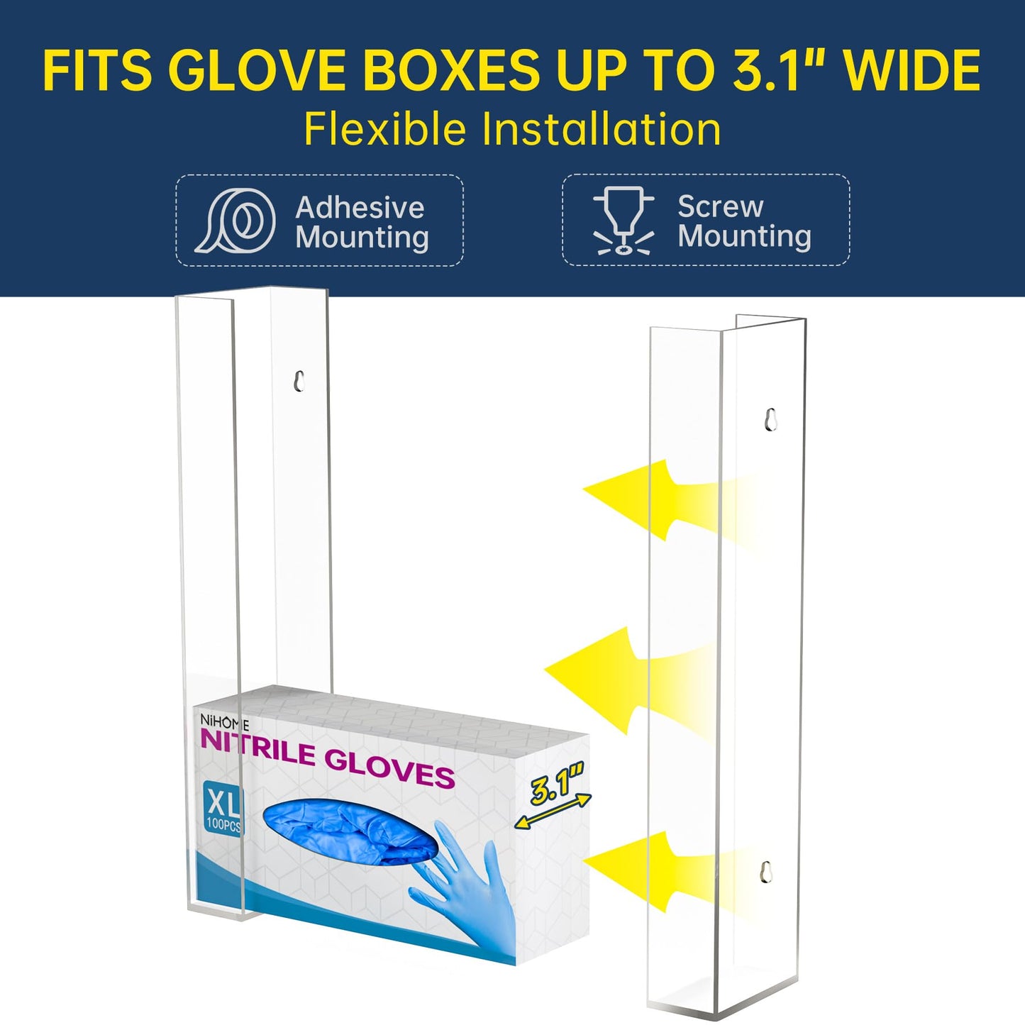NiHome Wall Mount Glove Holder (for 3 boxes), Acrylic Glove Holder for disposable gloves and wipes, space-saving glove dispenser for kitchen, bathroom, lab, and garage.