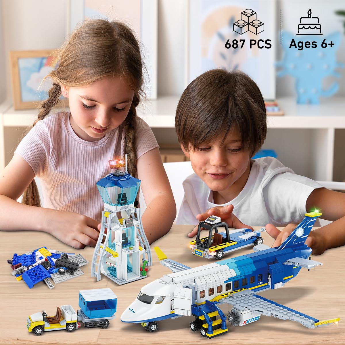 CUBIMANA City Passenger Plane Building Set, 3 IN 1 airplane building set with terminal, radar tower, luggage cart. Aircraft model building blocks toy gift for boys, girls, kids 6, 7, 8, 9+ years old.