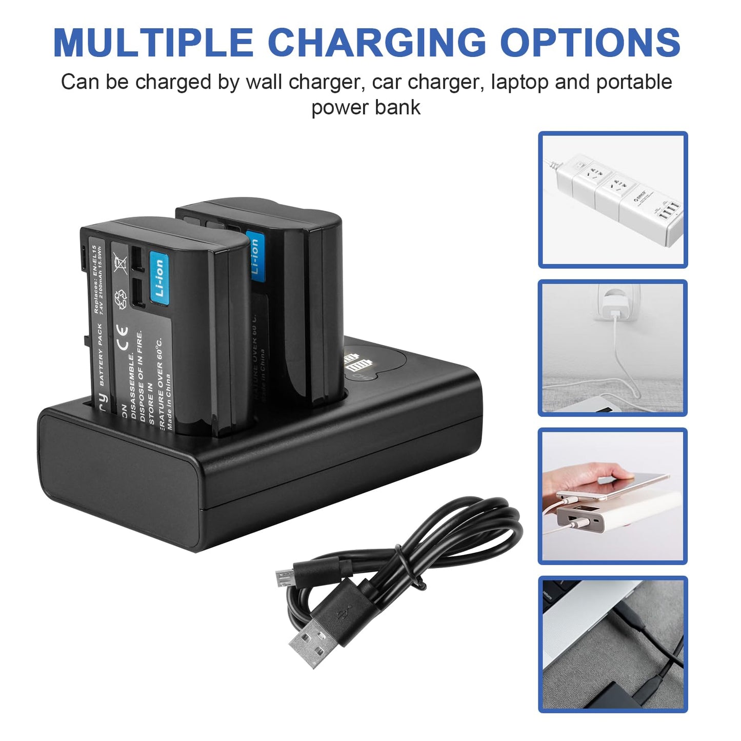 2X EN-EL15 EN-EL15A Battery Replacement Compatible with Nikon d750 d7200 d7100 d800 d850 d810 d610 d500 and More