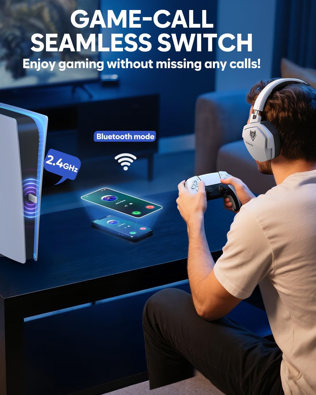 NUBWO G06 Dual Wireless Gaming Headset with Microphone for PS5, PS4, PC, Mobile: 2.4 GHz Wireless + Bluetooth - 100 hours - 50mm Driver - White