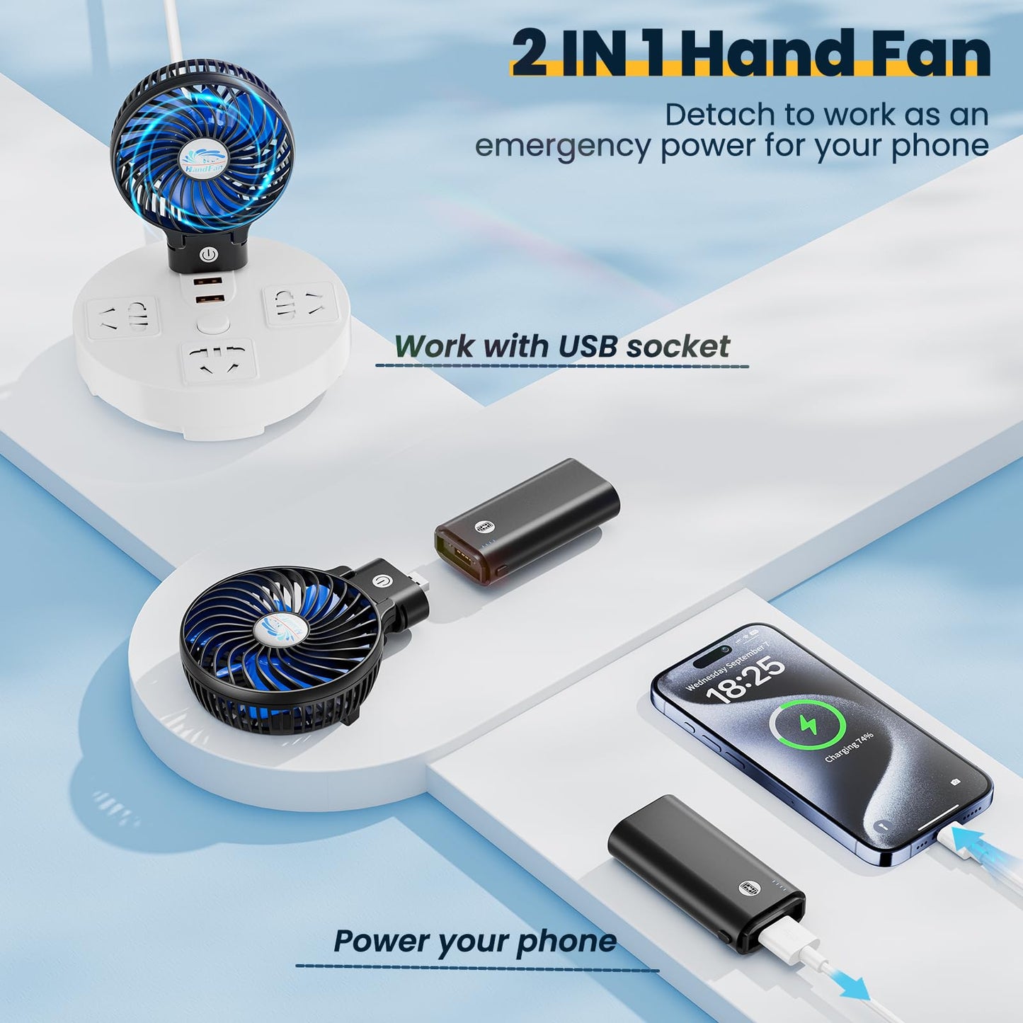 HandFan 5200mAh Battery Operated Handheld Fan Portable Hand Fan with Powerbank USB 180° Foldable Desktop Fan Personal 3 Speed Fan for Office Home Outdoor Camping Stroller