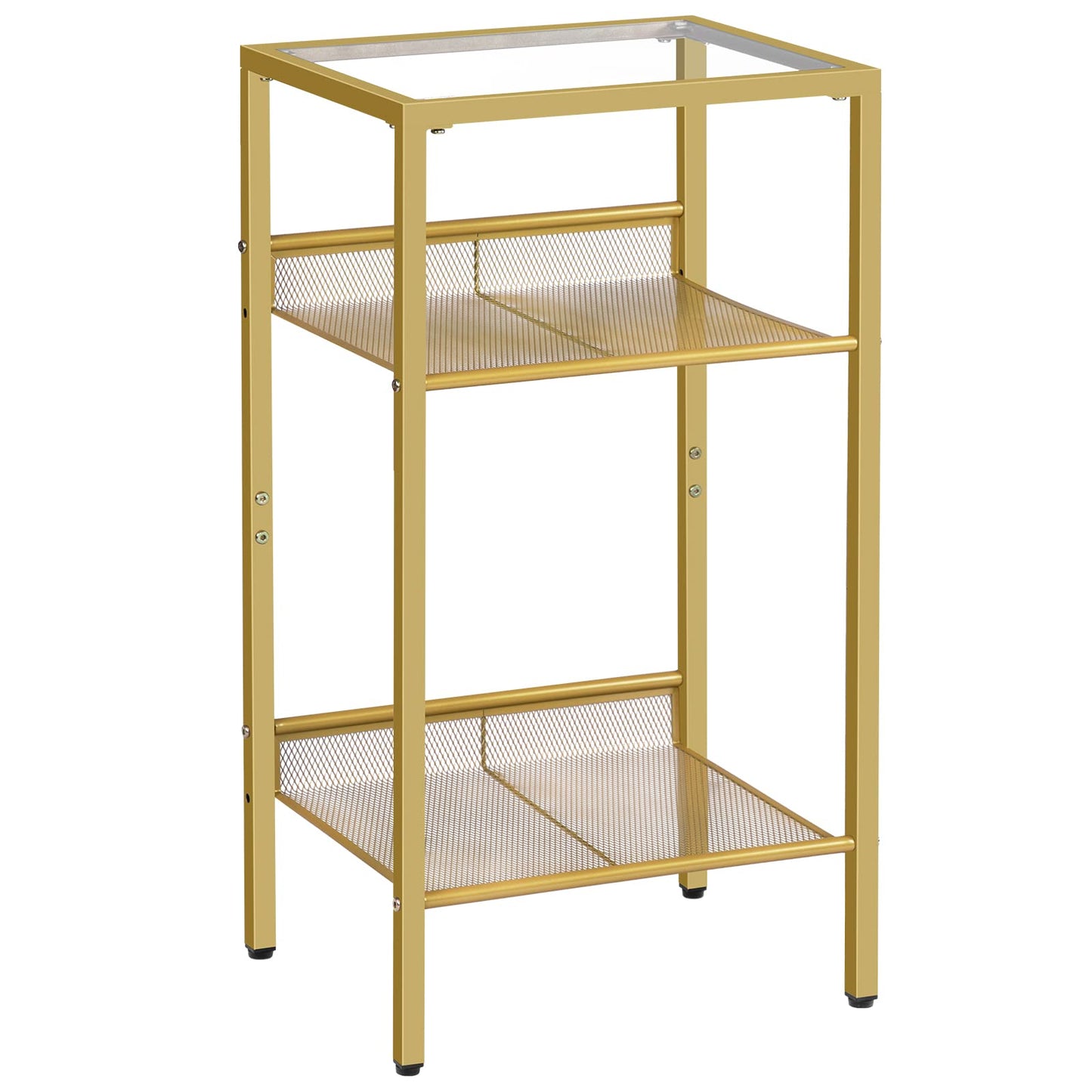 HOOBRO Side Table Gold, Telephone Table, 3-Tier Nightstand with Tempered Glass Top and Grid, Coffee Table for Living Room, Bedroom, Gold Color EGD04DH01