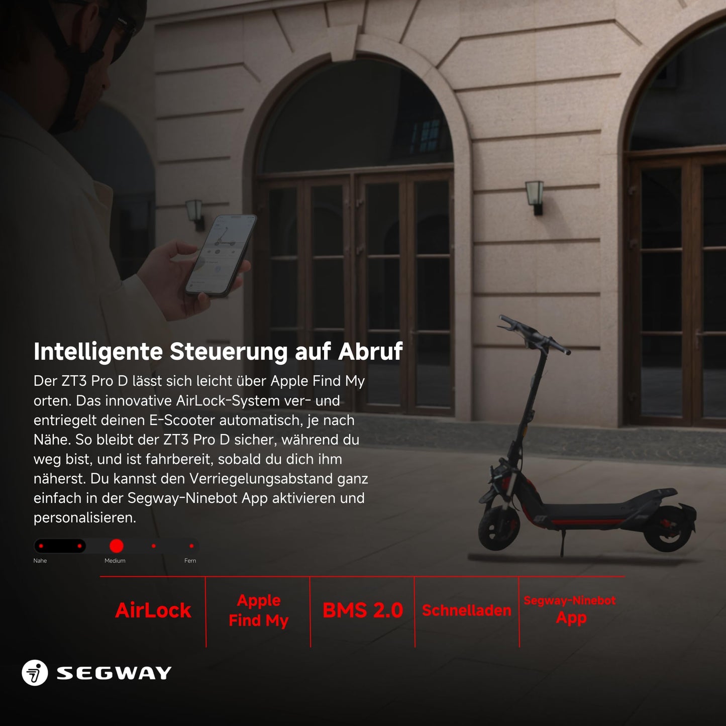 Segway ZT3 Pro D, street-legal E-Scooter, 70km Eco range, 56km range at 20km/h, full suspension, 120kg weight capacity, 25% incline, Apple FindMy, off-road tires, waterproof, Ninebot.
