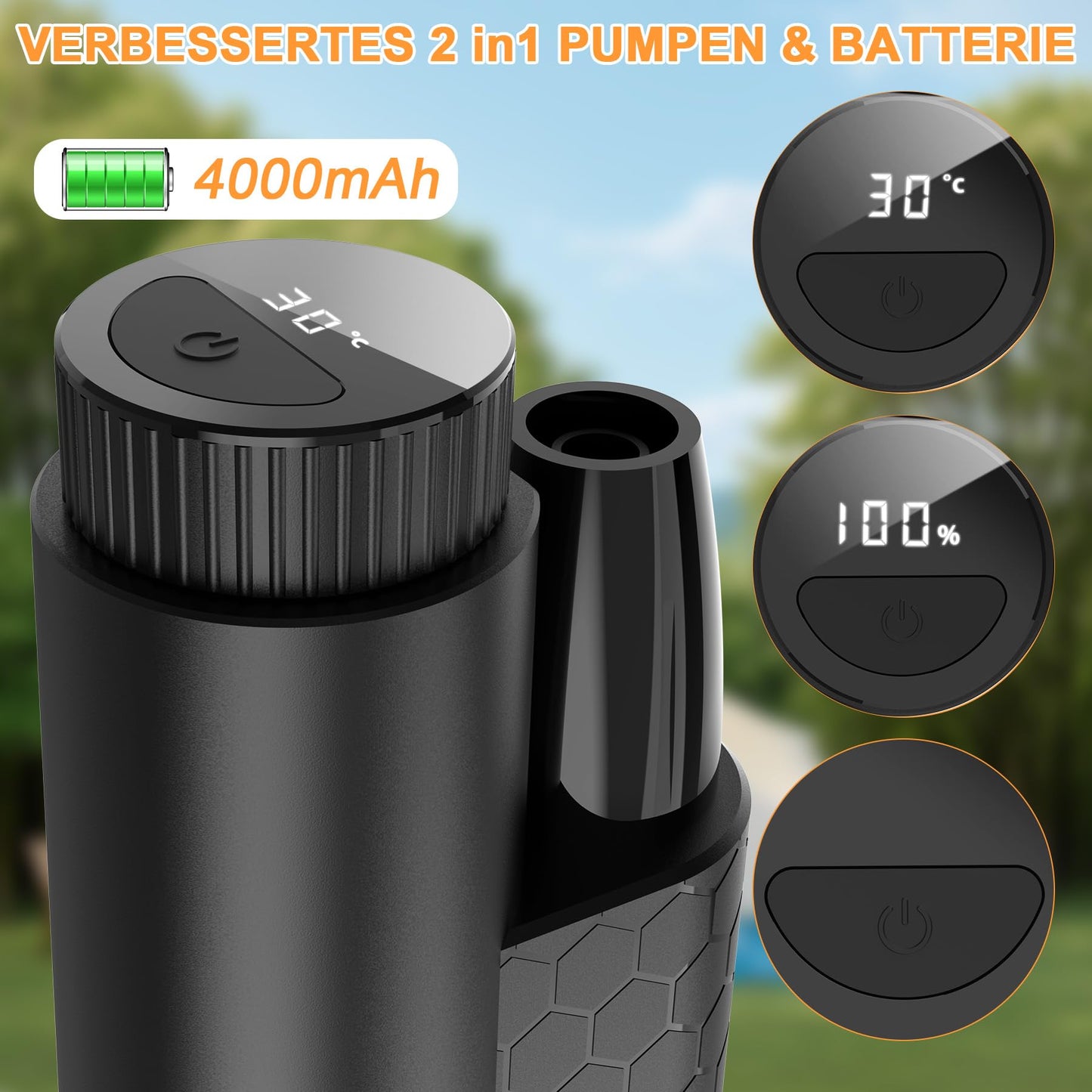 Forever Speed portable camping shower with 4000mAh battery, pump, temperature display and electricity display. Outdoor camping shower set with 2M hose for garden, car washing, beach, travel.