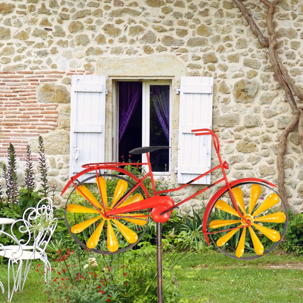 CIM metal garden stake with windmill - Bicycle Bright Red - design dimensions: 51 x 32cm - height: 160cm - weatherproof - with antique effect - attractive garden decoration.