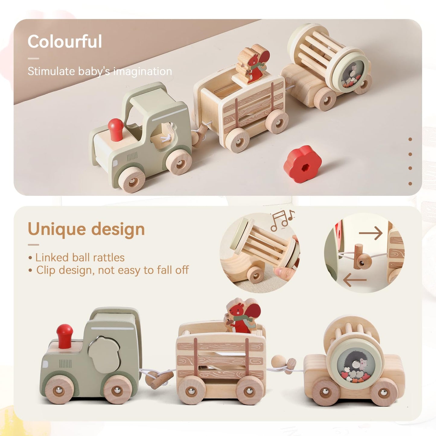 Mamimami Home Combined Train Wood Montessori Toy for Kids wooden train toy set with blocks and rattles Suitable for 1 year old boys girls