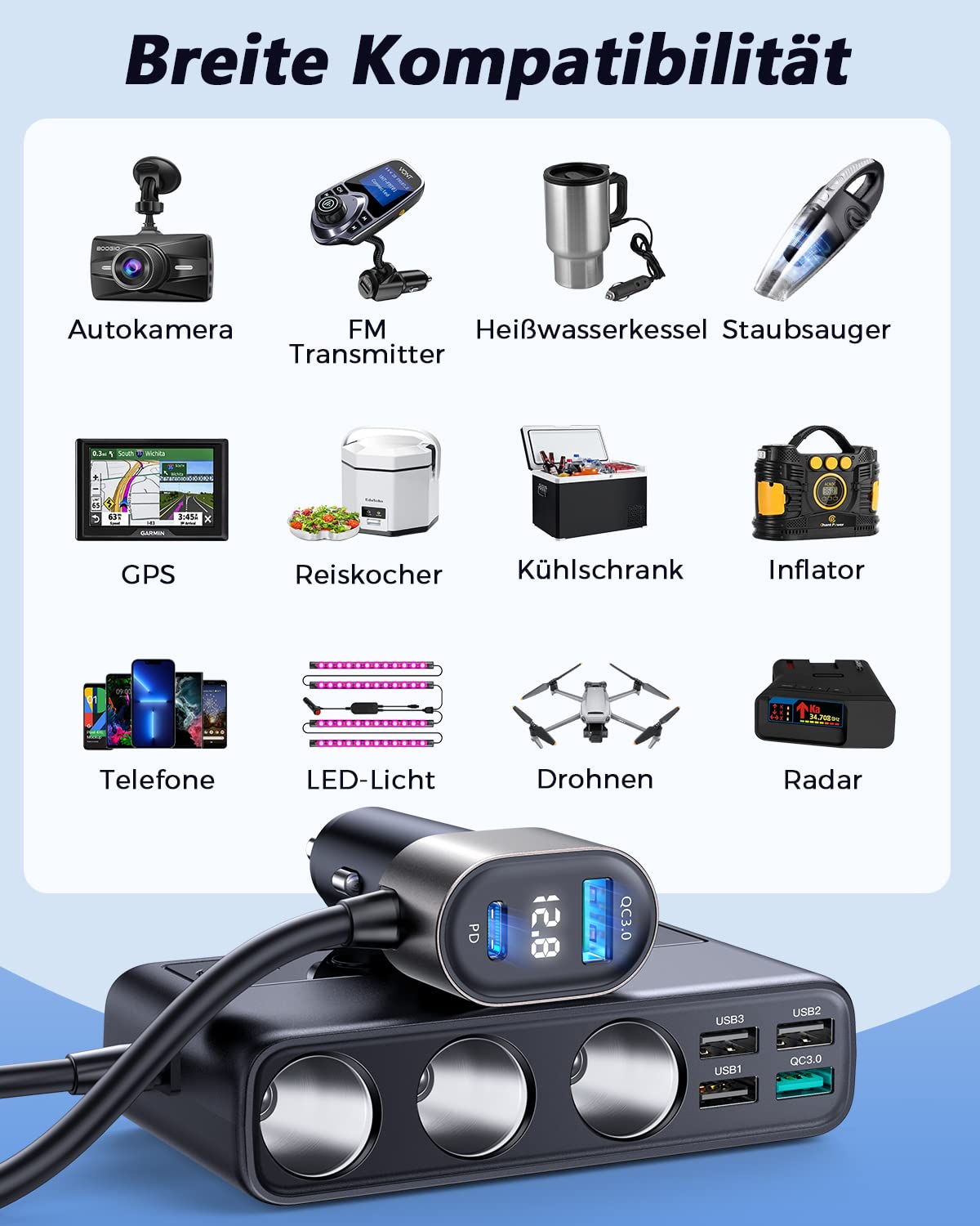JOYROOM 210W cigarette lighter distributor, 【2025 Upgrade】car charger adapter, 3 way 12V/24V plug charging cable splitter with 36W PD & 5 USB ports for iPhone 17/iPad/Dashcam/GPS/seat heater.