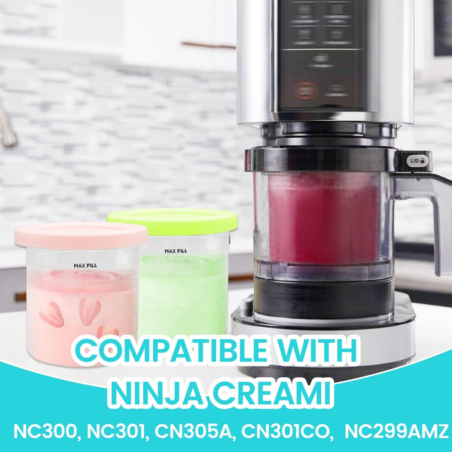 JUOENLP Replacement for Ninja Creami Pints and Lids 4Pack compatible with NC300, NC301 & NC299AMZ Series Deluxe Ice Cream Makers, Creami Pint containers with leak-proof lids, Dishwasher safe (NC300EU)