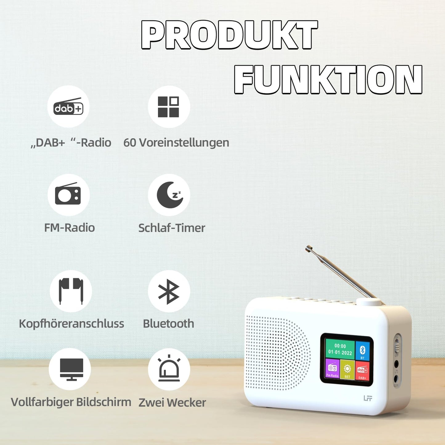 LFF DAB radio, DAB Plus radio, FM digital radio, kitchen radio with cable or battery operation, color display radio with Bluetooth.